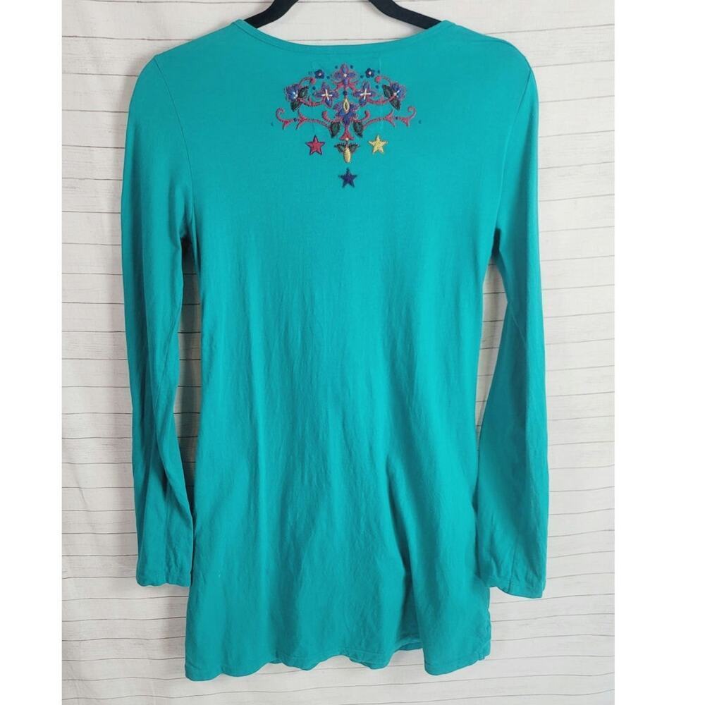 Johnny Was LA Embroidered Ruffle Button Front Teal Long Sleeve Blouse, sz Med - Picture 9 of 15